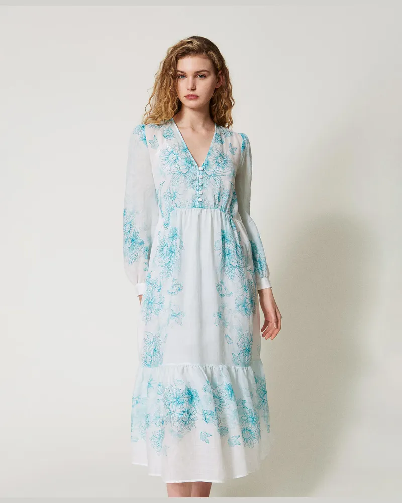 Twin-Set Kleider - Maxikleid aus Ramie mit Blumendessin, Flowers-Print / Kolibri Nymphe / Water Green, Größe Flowers-print