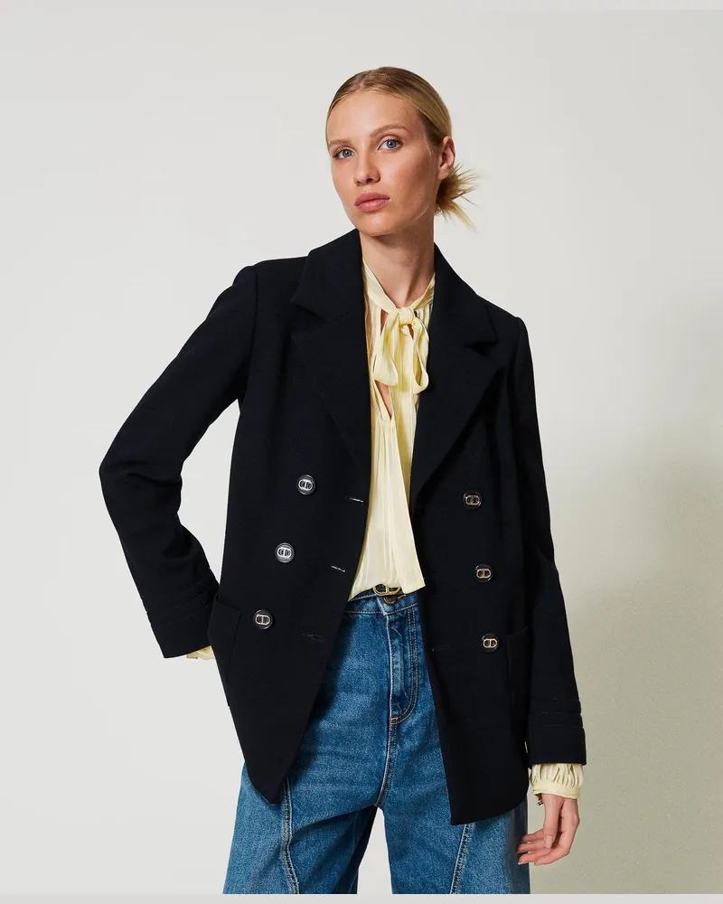 Twin-Set Jacken und Outerwear - Zweireihige Cabanjacke mit Stickereien, Blue Night, Größe Blue