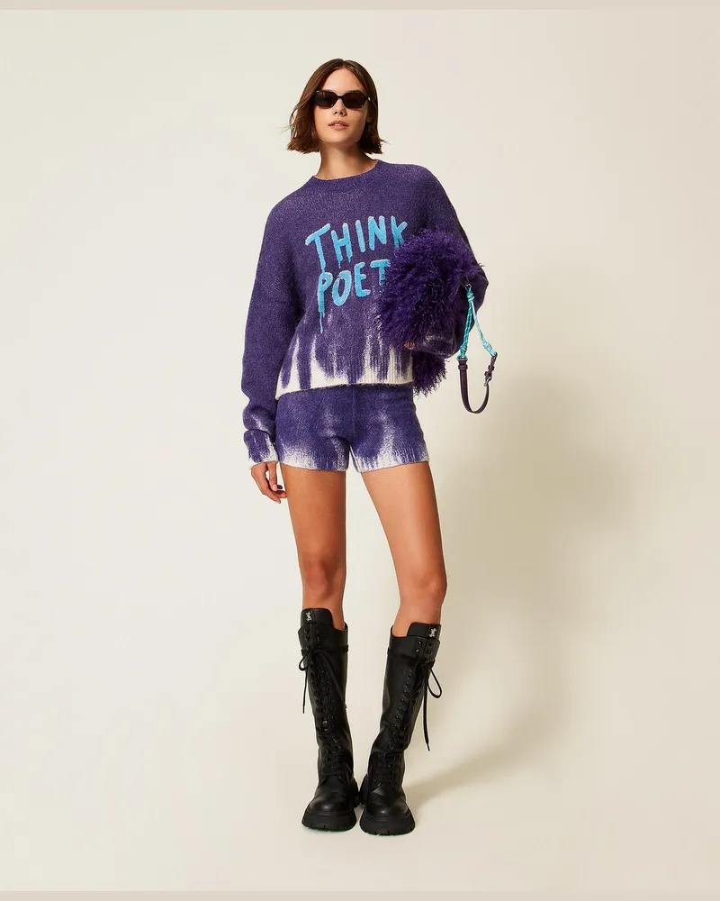 Actitude by Twinset Hosen - Shorts MYFO aus Wollmischung mit Print, Royal Violet / Poetic, Wolle, Größe Royal