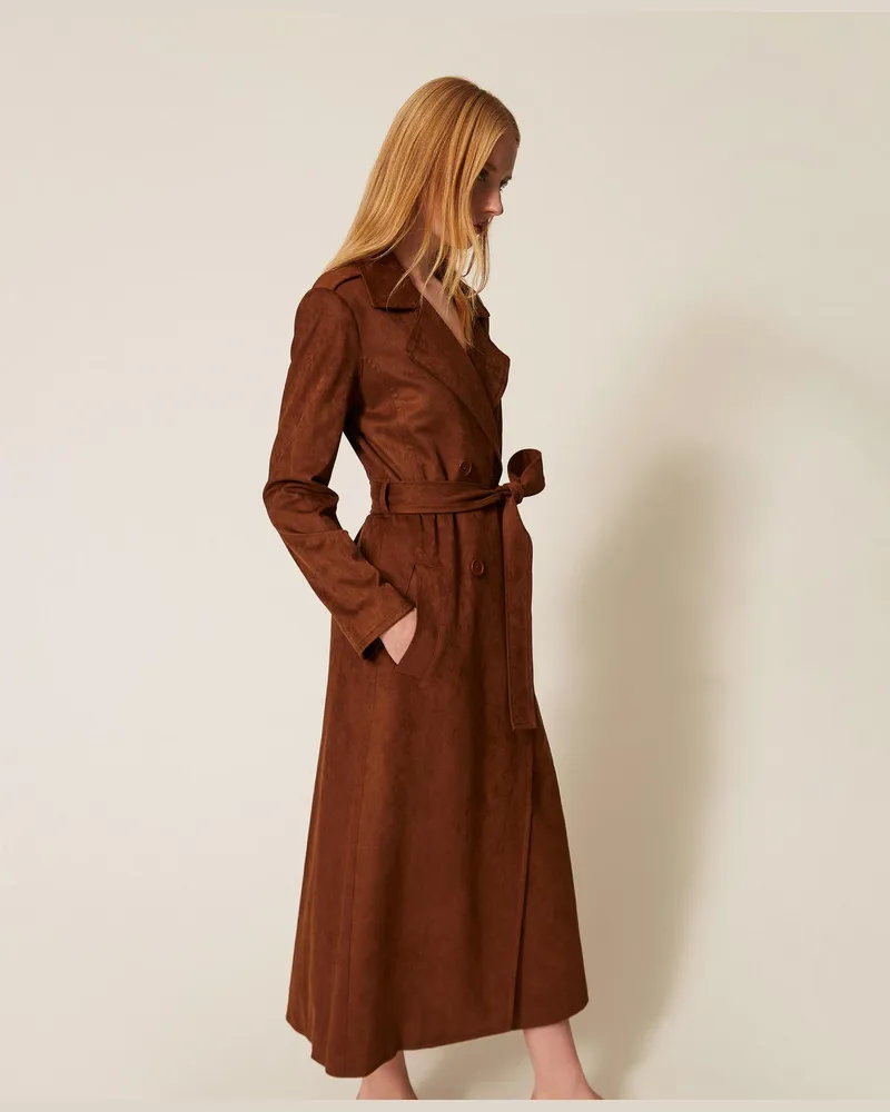 Actitude by Twinset Trenchcoat in Veloursleder-Optik mit Gürtel Chocolate