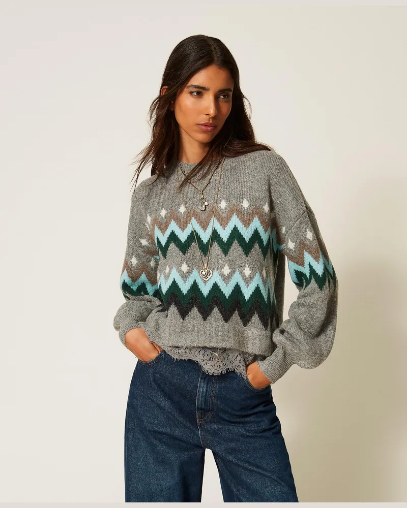 Twin-Set Pullover aus Jacquard mit Spitze, Damen, Jacquard Meliertes Mittelgrau / Smaragd Jacquard