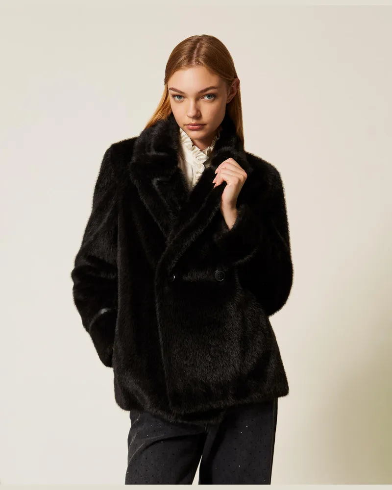 Twin-Set Jacken und Outerwear - Kurzmantel aus Kunstpelz, Schwarz, Pelzimitat, Größe Schwarz
