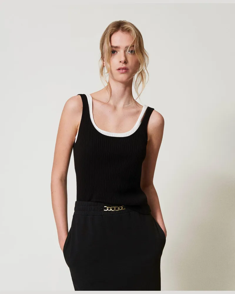 Twin-Set Tops - Figurbetontes Stricktop mit Trompe-l 'Œil-Effekt, Zweifarbig Schwarz / Schneeweiß, Baumwolle, Größe Zweifarbig