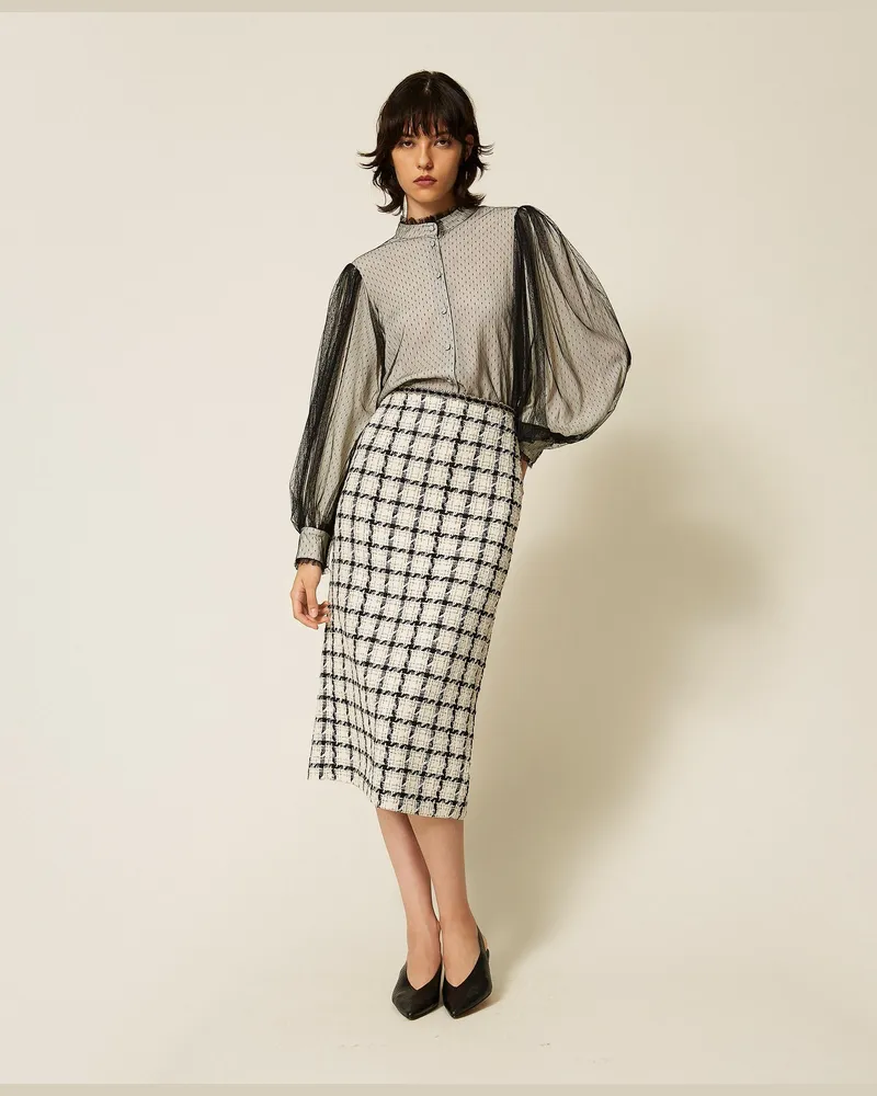 Twin-Set Midirock aus Bouclé mit Karomuster, Damen, Bouclè Karos Lilie / Schwarz / Gold Bouclè