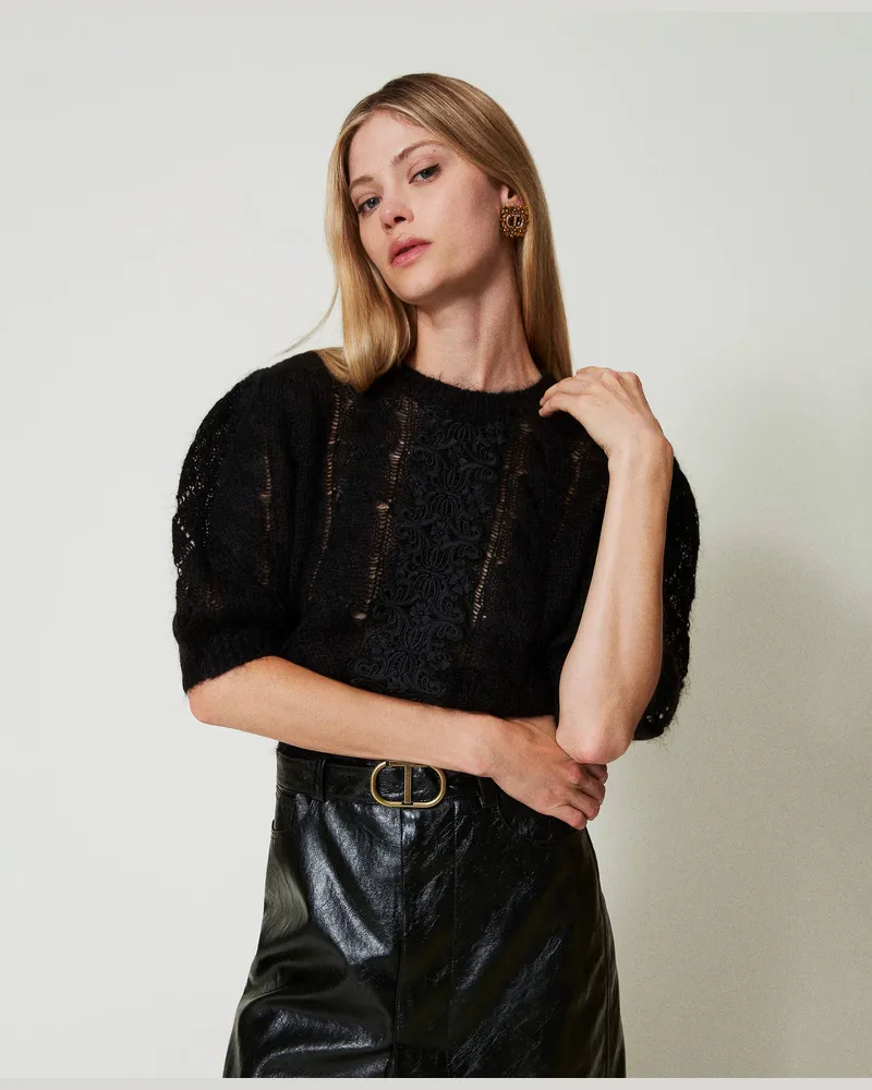 Twin-Set Pullover aus Wolle und Mohair mit Spitze, Schwarz, Größe: XXL 