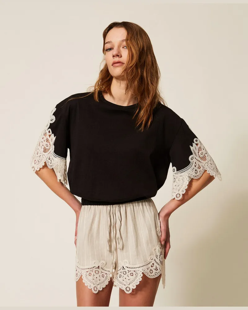 Twin-Set Blusen - Bluse mit Ärmeln aus Makramee, Schwarz / Vanilleweiß, Spitze, Größe Schwarz