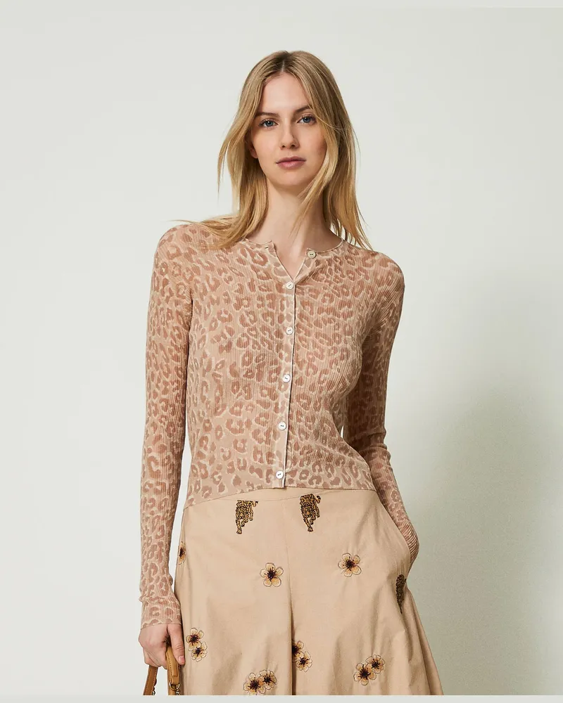 Twin-Set Cardigans - Kurzer Cardigan mit Animalprint, Print Animal / „Ginger Root"-Beige, Größe: XXL 