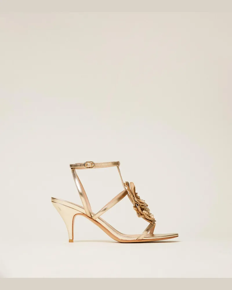 Twin-Set Schuhe - Sandale aus Leder mit Blume, Gelbgold, Größe Gelbgold