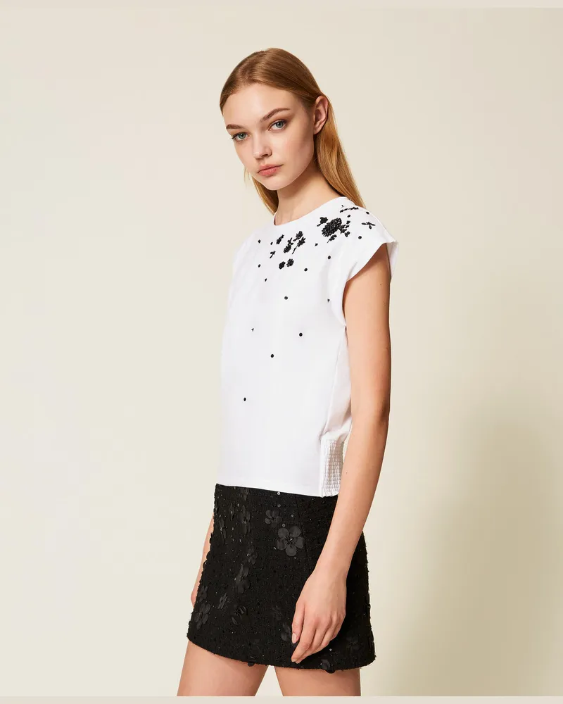 Actitude by Twinset T-Shirts - T-Shirt mit handgefertigter floraler Stickerei, "Papers"-Weiß, Baumwolle, Größe Papers-weiß
