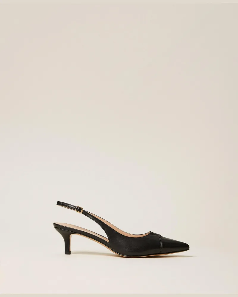Twin-Set Slingback-Pumps aus Leder, Damen, Schwarz Schwarz