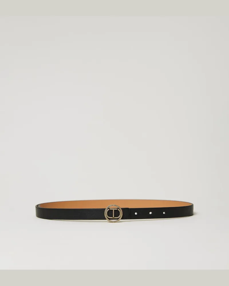 Twin-Set Accessoires - Schmaler Gürtel mit „Oval T"-Schnalle und Strass, Schwarz, Größe Schwarz
