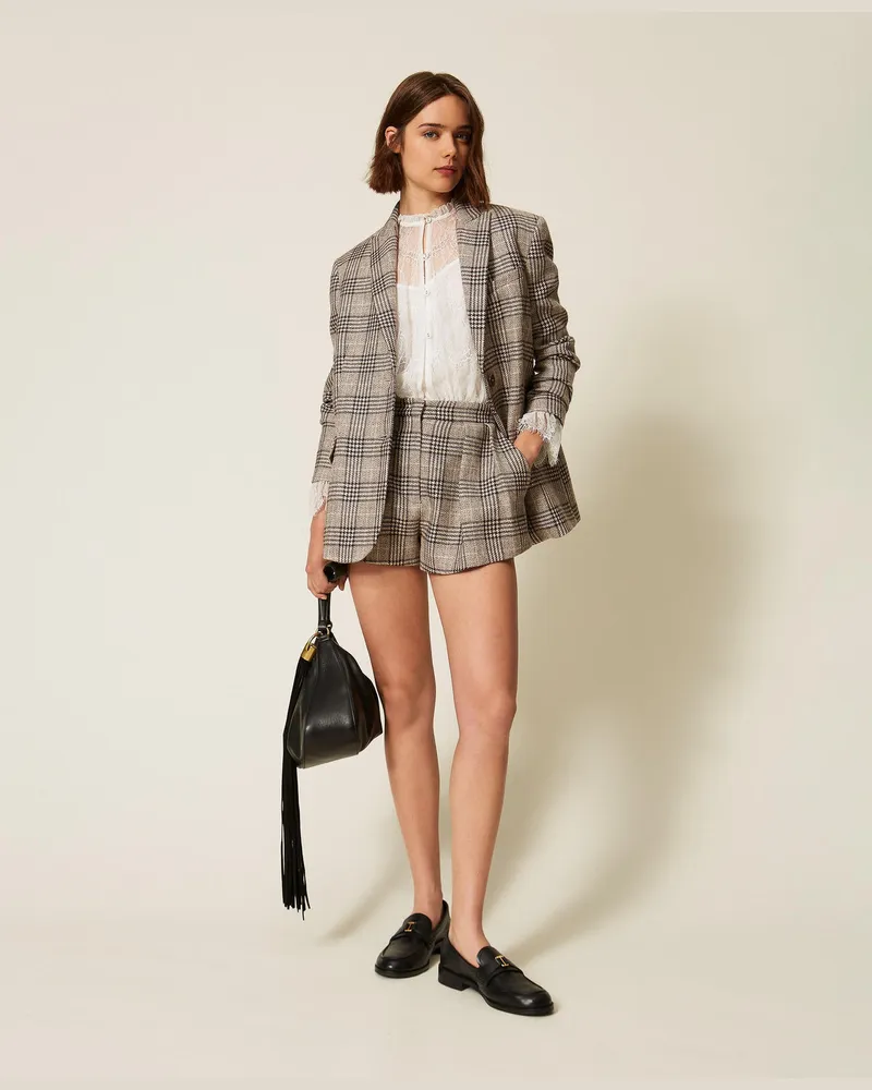Twin-Set Shorts aus kariertem Tuch mit Pailletten Coffee