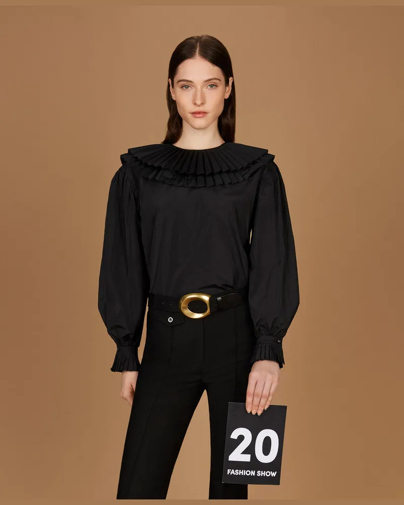 Twin-Set Tafthemd mit Rüschen, Damen, Schwarz Schwarz
