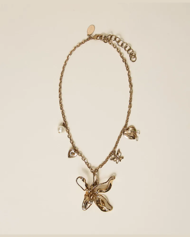 Twin-Set Accessoires - Halskette mit Maxiblume und Anhängern, Old Gold, Einheitsgröße Old
