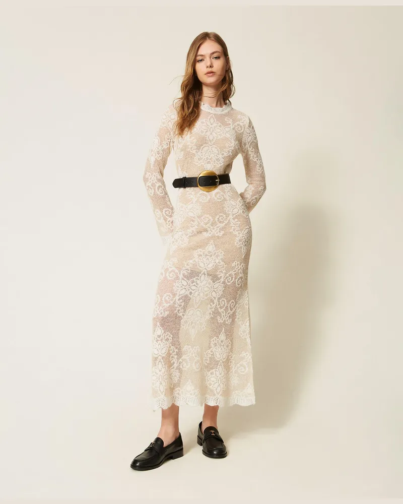 Twin-Set Maxi-Jacquard-Strickkleid aus Alpakamischung Parchment-beige