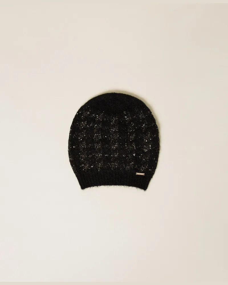 Twin-Set Mütze aus Jacquard-Strick mit Hahnentrittmuster, Damen, Schwarz / Schwarz-Gold Schwarz