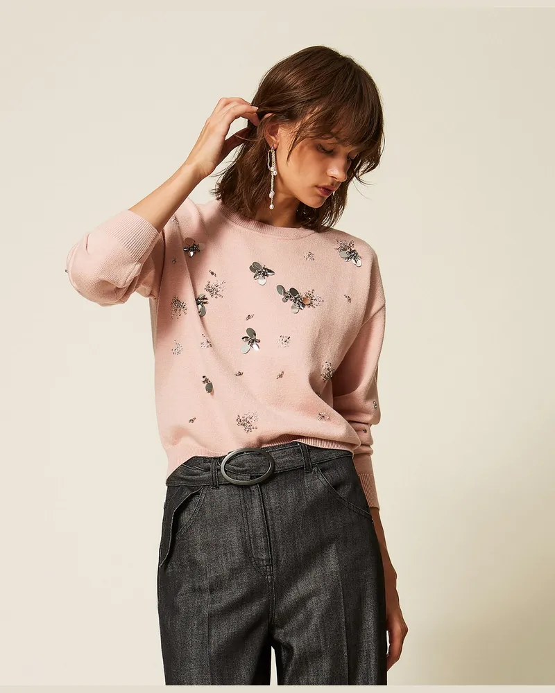 Twin-Set Rundhalspullover mit Stickmotiv, Damen, Rose Smoke Rose