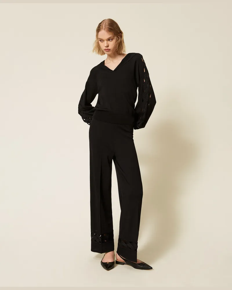 Twin-Set Hosen - Strickhose mit Zopfmuster, Schwarz, Größe Schwarz