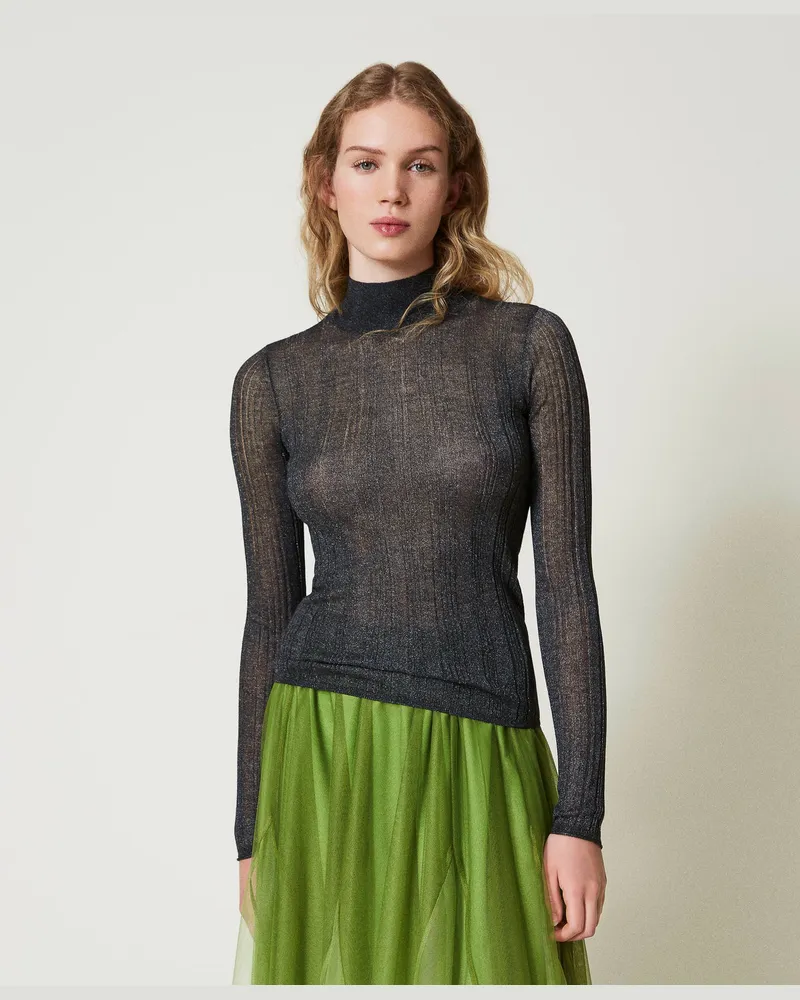 Twin-Set Figurbetonter Pullover mit Rippenmuster und Lurex, „Blackened Pearl"-Grau, Größe: XL 