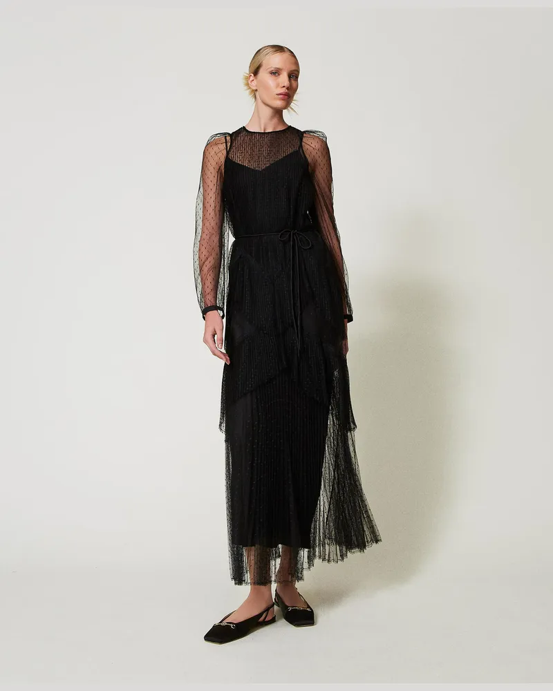 Twin-Set Kleider - Maxikleid aus plissiertem Tüll mit Volants, Schwarz, Größe Schwarz