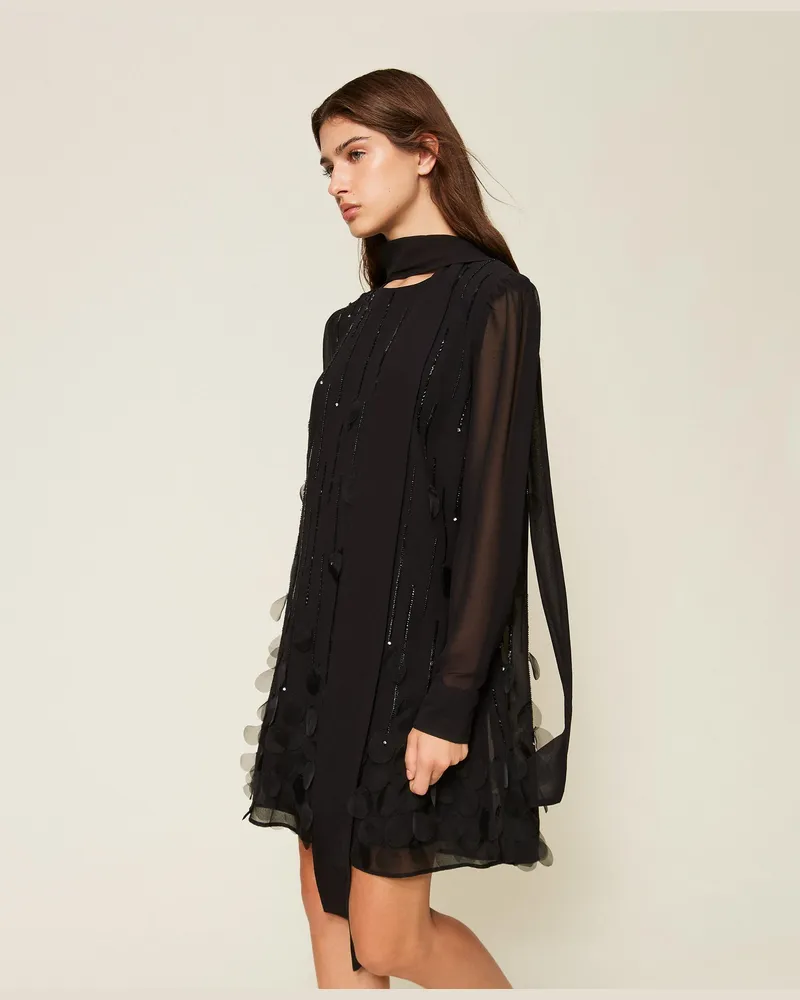 Twin-Set Kurzes Kleid aus Georgette mit Stickerei, Damen, Schwarz Schwarz