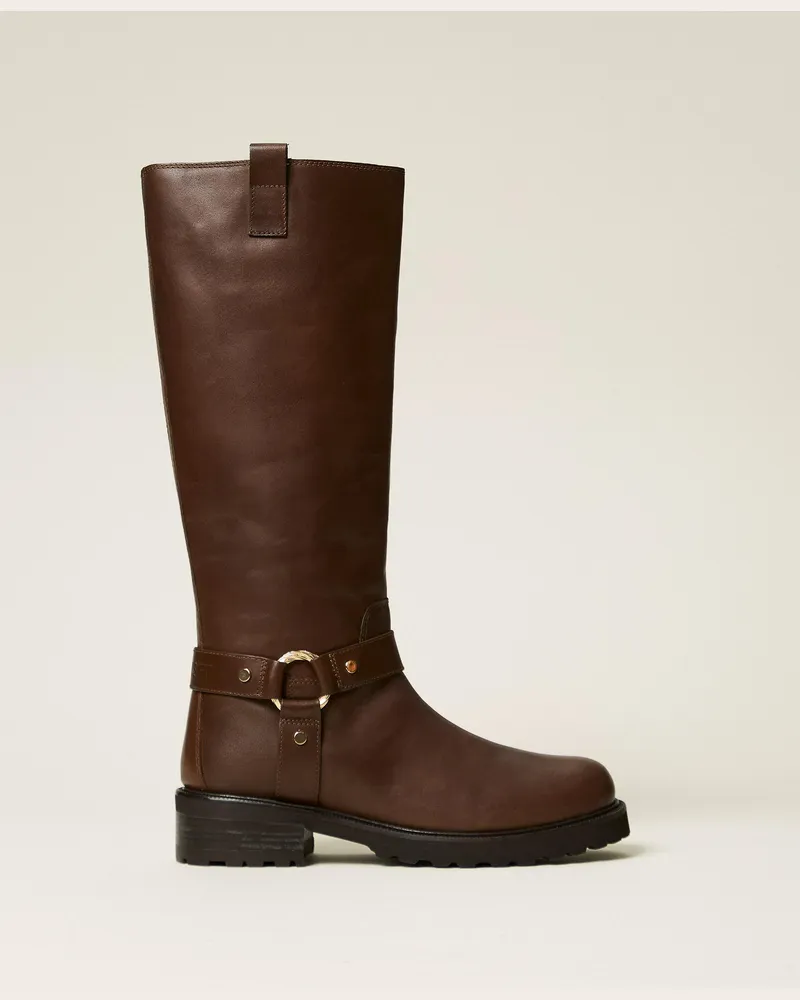 Twin-Set Hohe Bikerstiefeletten aus Leder mit Ring, Damen, Darkness Brown Darkness