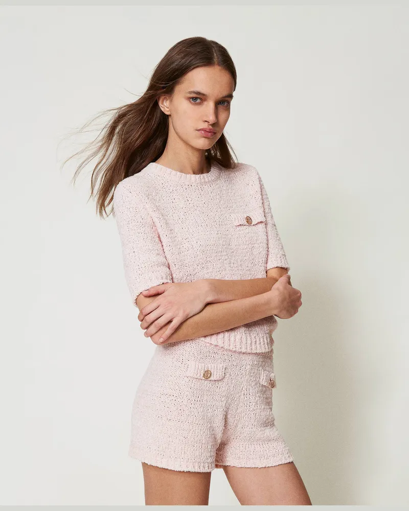 Twin-Set Cropped-Pullover mit „Oval T"-Knopf, Cupcake Pink, Baumwolle, Größe: XXL 