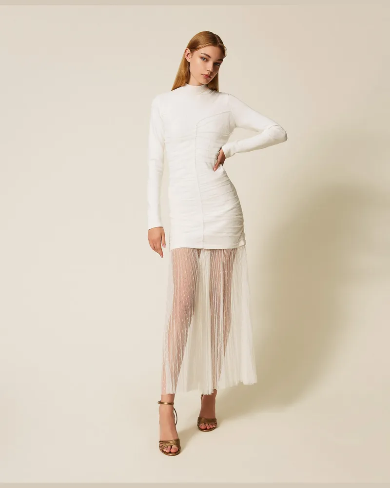 Twin-Set Kleider - Langes Strickkleid mit Tüll, Weiß Schnee, Größe Weiß
