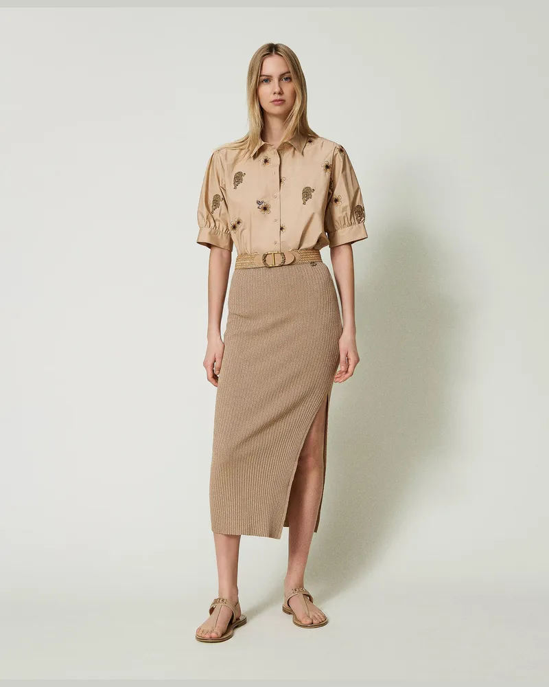 Twin-Set Röcke - Midirock aus Lurex-Gestrick, „Ginger Root"-Beige Lurex, Größe: XXL 