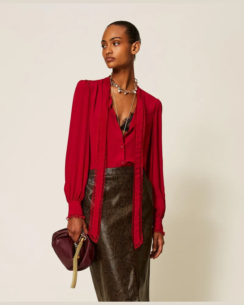 Twin-Set Hemdbluse aus Crêpe de Chine mit Schleife, Damen, Bloody Mary Bloody
