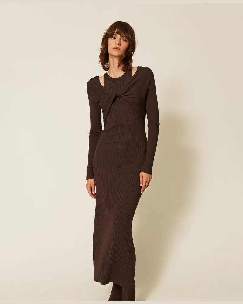 Twin-Set Maxikleid im Rippenstrick, Damen, Mocha Mocha
