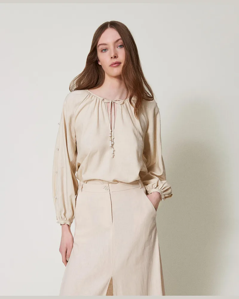 Twin-Set Bademode - Bluse aus Leinenmischung mit Perlen, Almond Beige, Größe: M 