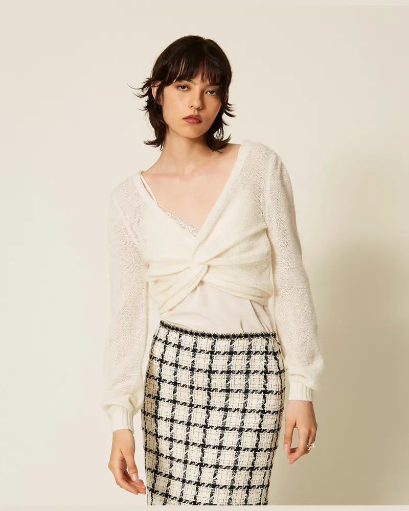 Twin-Set 2-in-1-Schulterwärmer-Pullover mit überkreuzten Details, Damen, Perlmutt Perlmutt