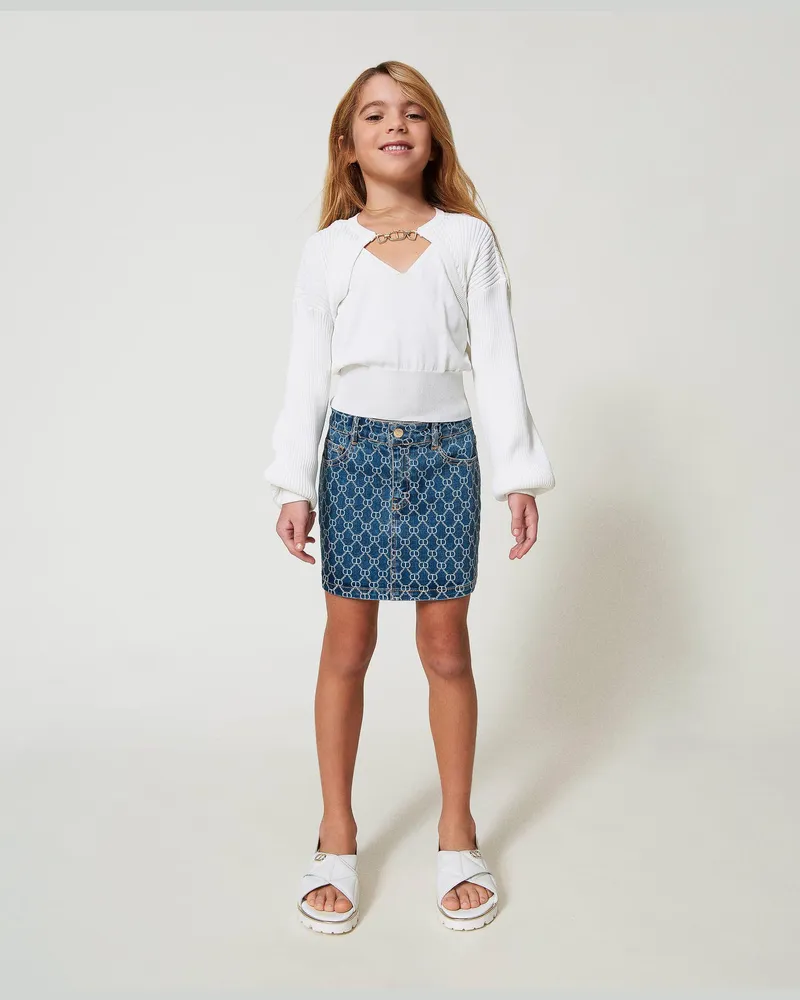 Twin-Set Röcke - Mini-Jeansrock mit ganzflächigem „Oval T"-Dessin, Logo mittleres Denimblau, Größe: 8A 