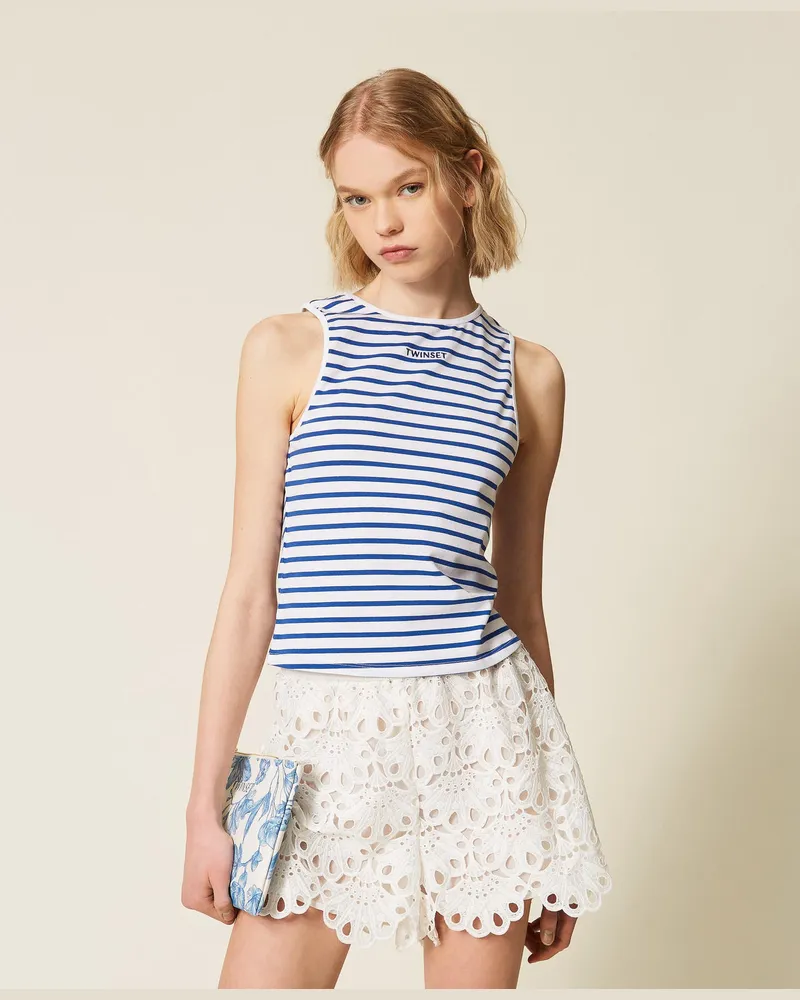 Twin-Set Tops - Top aus Jacquard mit Streifenmuster, Streifen Off-White/Mittelmeerblau, Größe Streifen