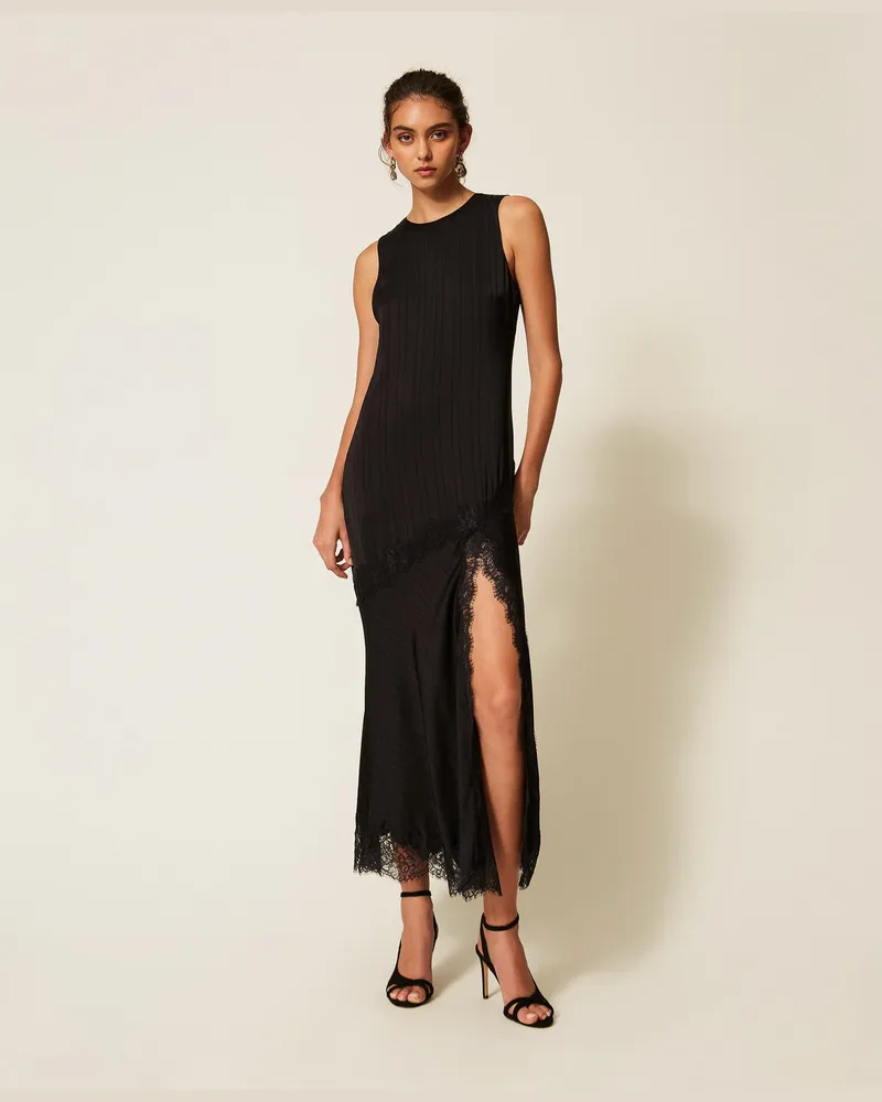 Twin-Set Maxikleid aus Satin und Spitze Schwarz