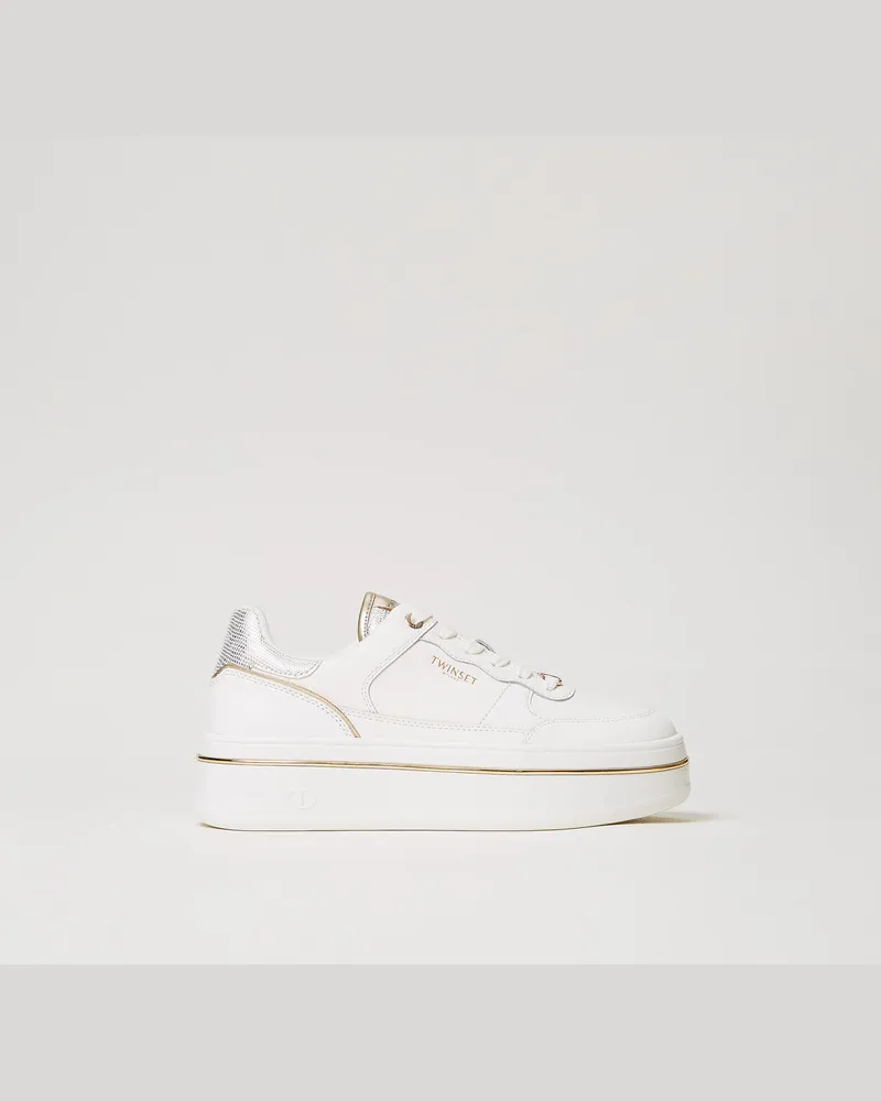 Twin-Set Schuhe - Plateausneaker aus beschichtetem Leder, Zweifarbig Optisches Weiß / Gold, Größe Zweifarbig