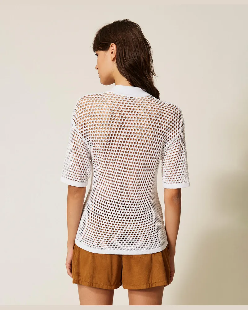 Actitude by Twinset Pullover - Shirt im Polostil aus Netzstrick, Mattweiß, Größe Mattweiß