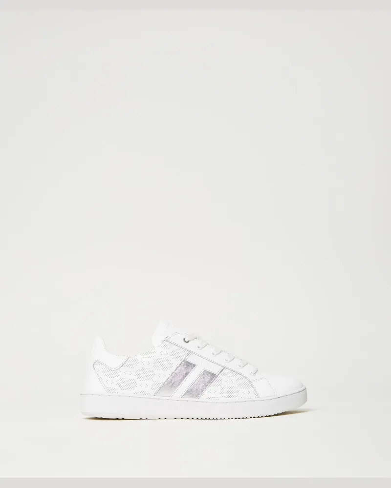 Twin-Set Schuhe - Ledersneaker mit Logoprägung, Zweifarbig Optisches Weiß / „Silver"-Grau, Größe Zweifarbig