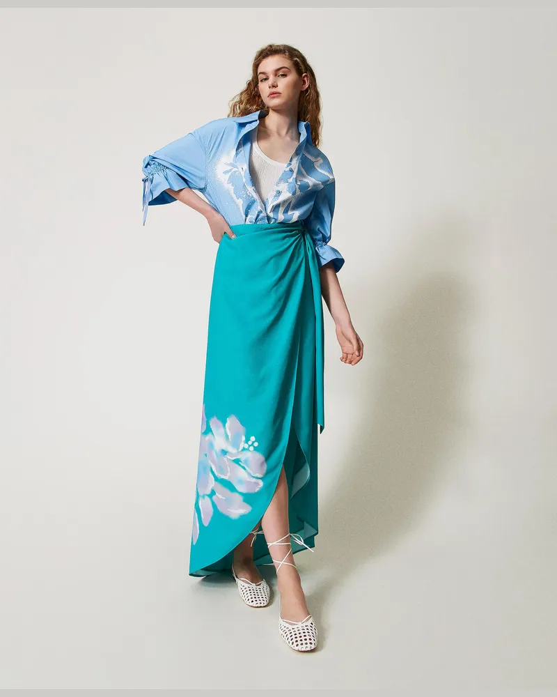 Actitude by Twinset Röcke - MYFO Pareo-Maxirock mit Print, Spectra Green, Mit Blumen, Größe: XXS 