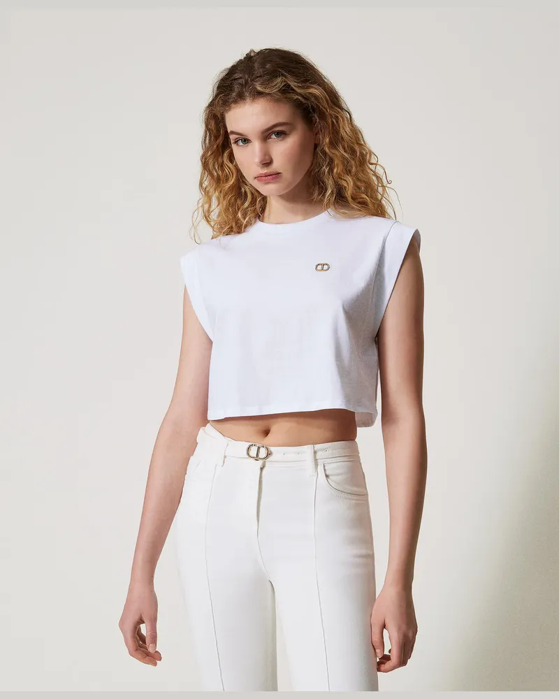 Twin-Set T-Shirts - Cropped-T-Shirt mit „Oval T"-Logo aus Strass, Weiß, Baumwolle, Größe: XXL 