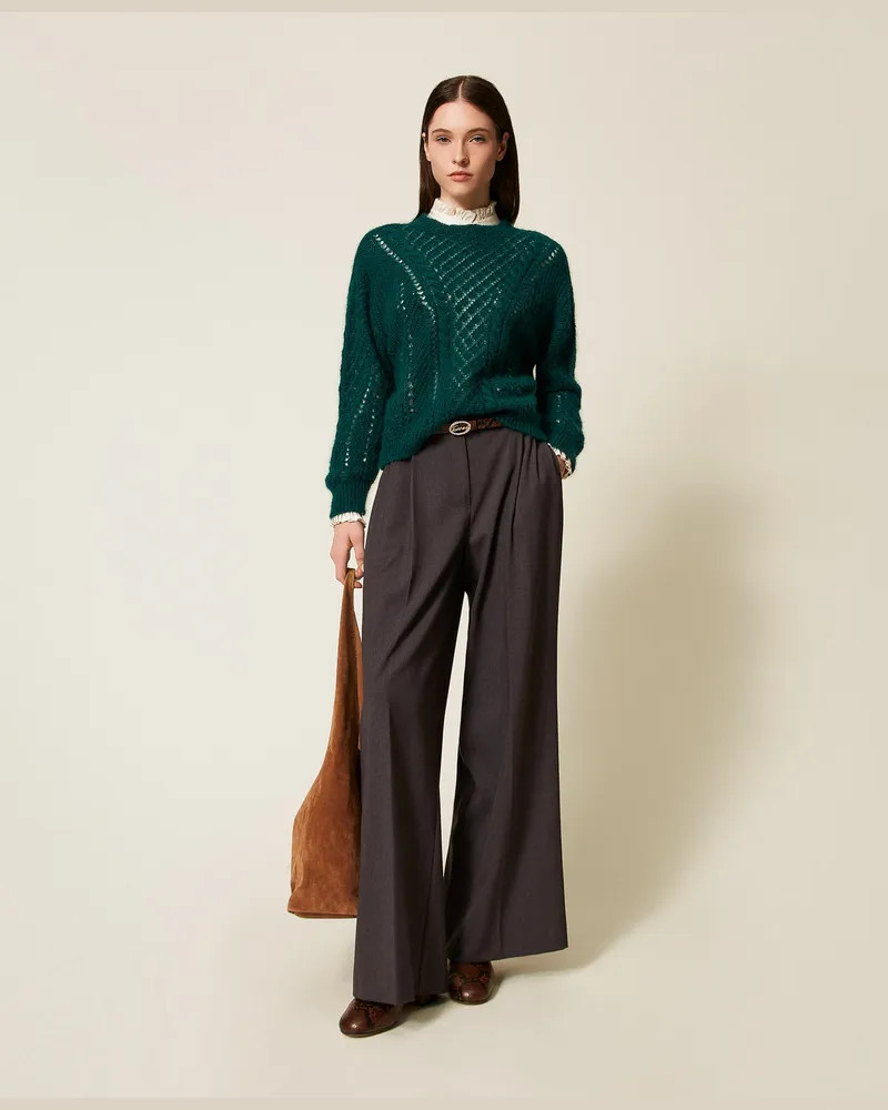 Twin-Set Pullover aus Mohairmischung mit Lochmuster, Deep Forest, Größe Deep