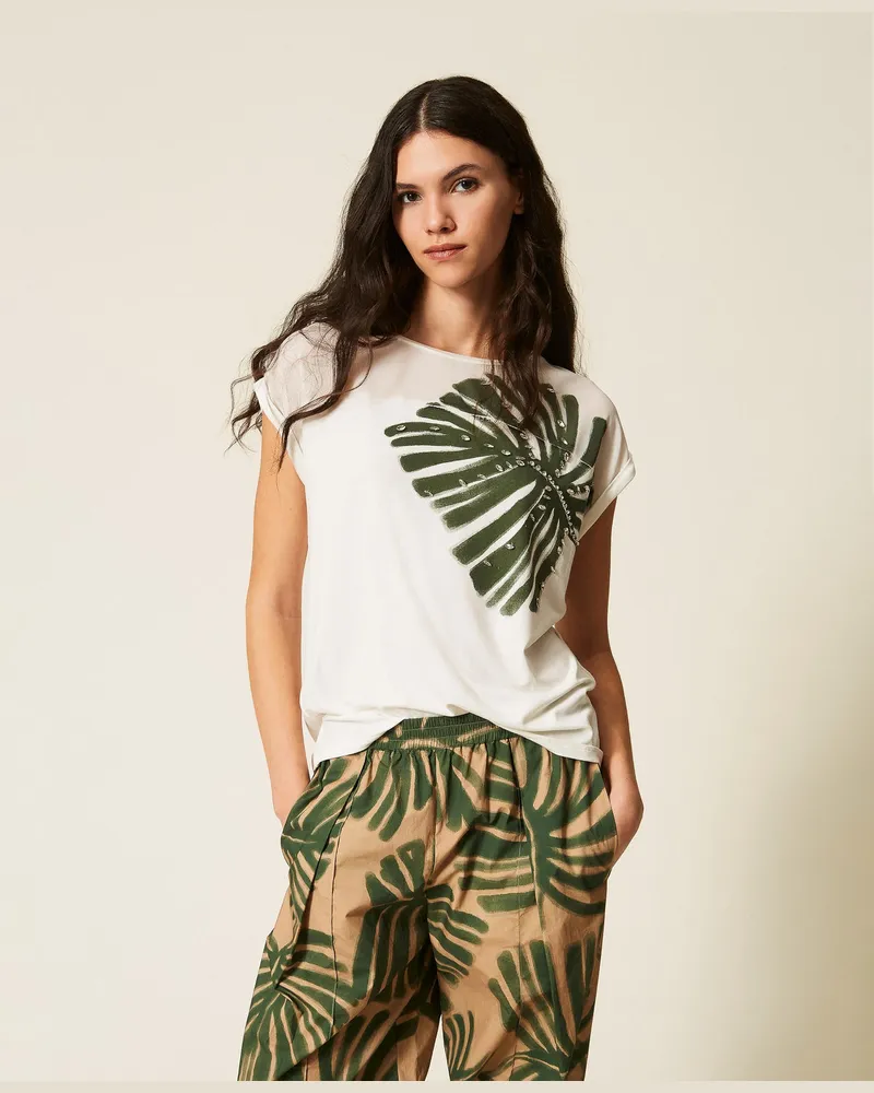 Twin-Set T-Shirts - T-Shirt mit Print und Stickerei, Mattweiß, Baumwolle, Größe Mattweiß