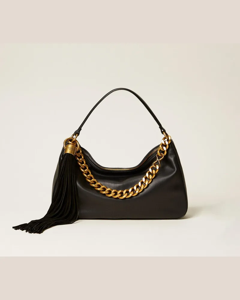 Twin-Set Große Liliane Tasche aus Leder mit Charm Schwarz
