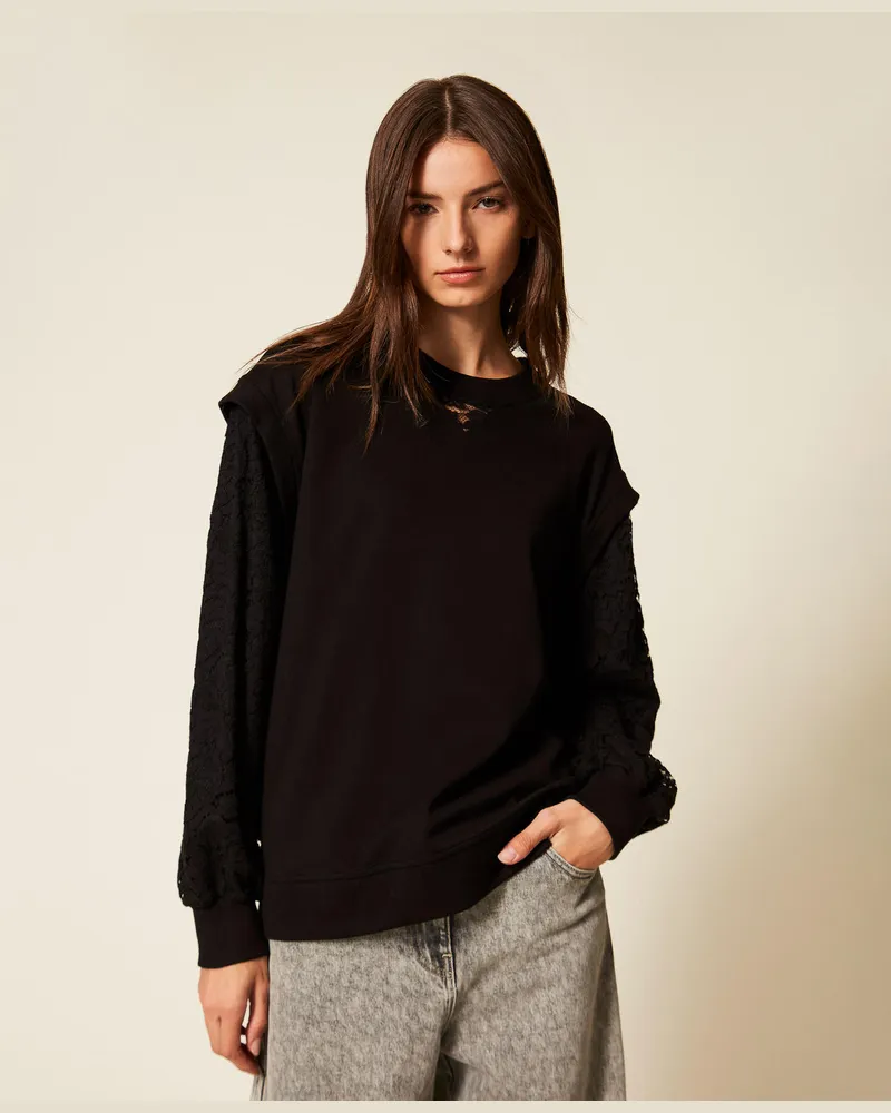 Twin-Set Sweatshirts und -jacken - Sweatshirt mit Ärmeln aus Spitze, Schwarz, Größe Schwarz