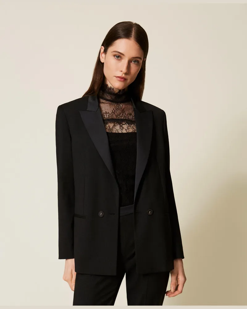 Twin-Set Jacken und Outerwear - Blazer mit Satindetails, Schwarz, Wolle, Größe Schwarz