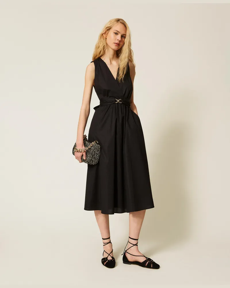 Twin-Set Kleider - Midikleid aus Popeline mit Logo-Gürtel, Schwarz, Baumwolle, Größe Schwarz