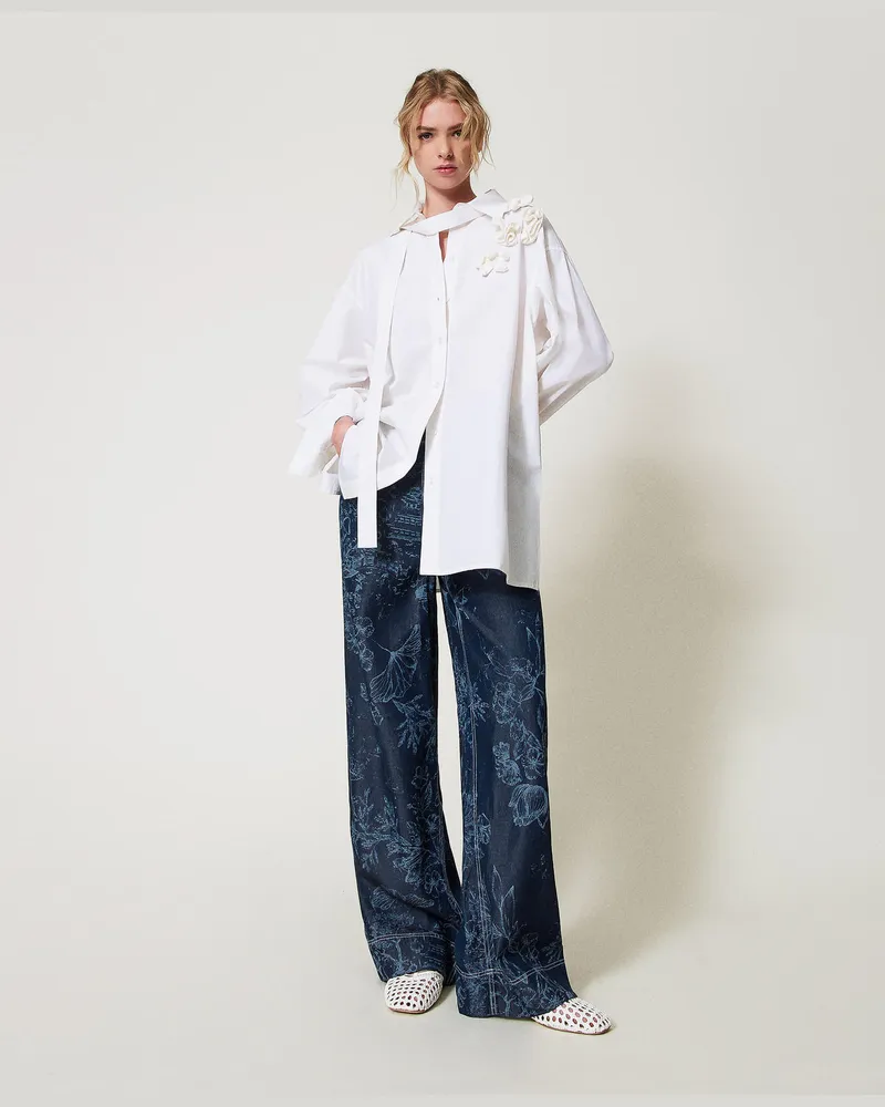 Actitude by Twinset Hosen - MYFO Palazzohose aus Denim mit Blumenmotiv, Denim Toile De Jouy, Größe Denim