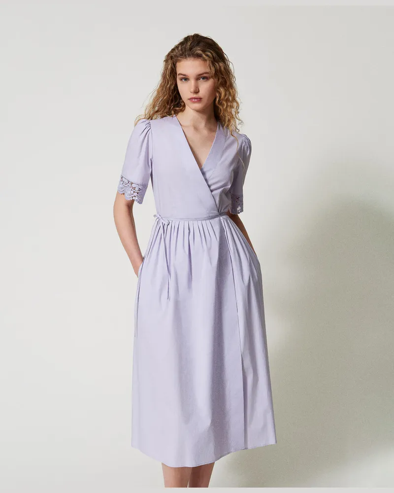 Twin-Set Kleider - Midikleid aus Popeline mit Spitze, Fliederblütenlila, Größe Fliederblütenlila