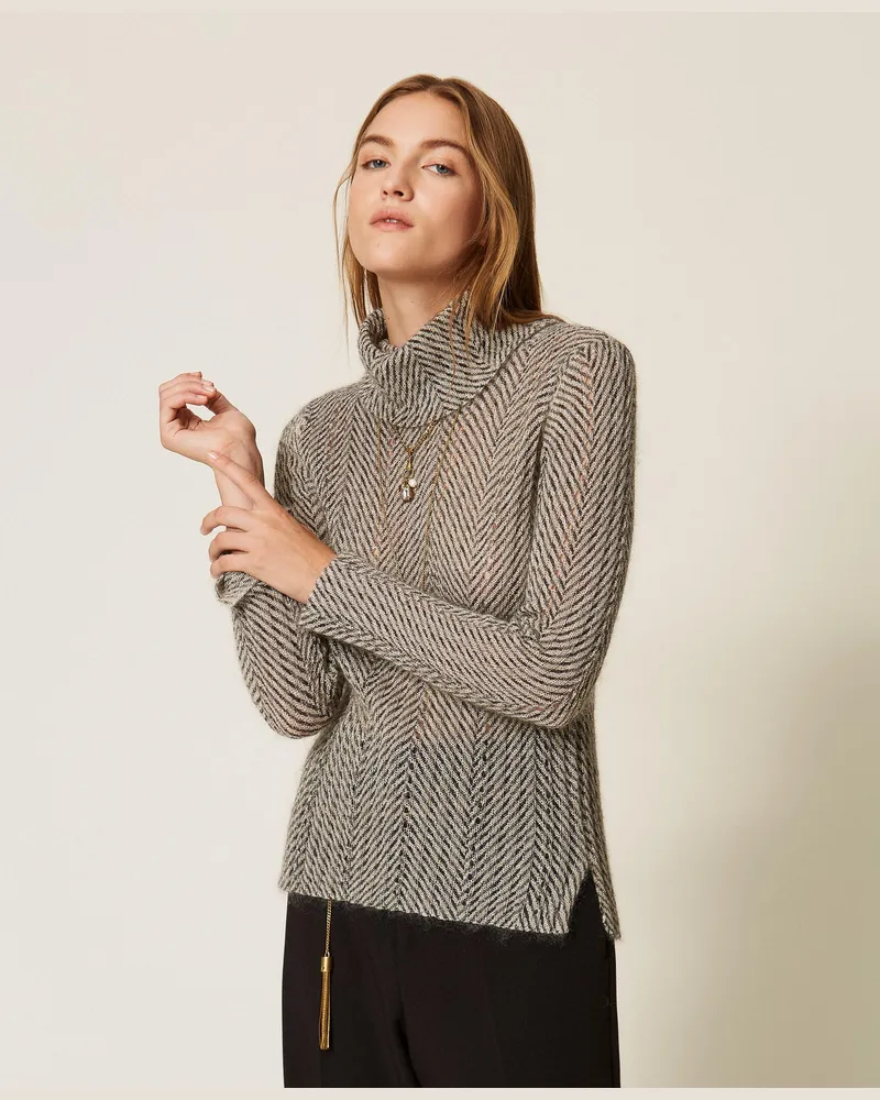 Twin-Set Rollkragenpullover mit Print, Damen, Zweifarbig Geometric Black / Elfenbein Lurex Zweifarbig